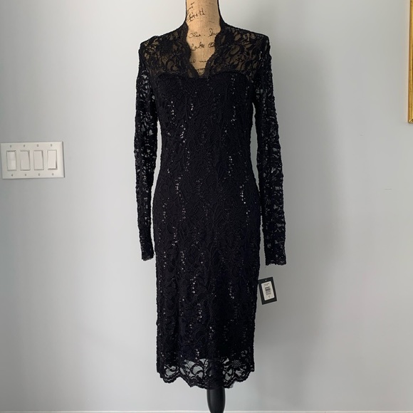 MARINA Dresses & Skirts - Marina Scalloped Sequined Lace Sheath